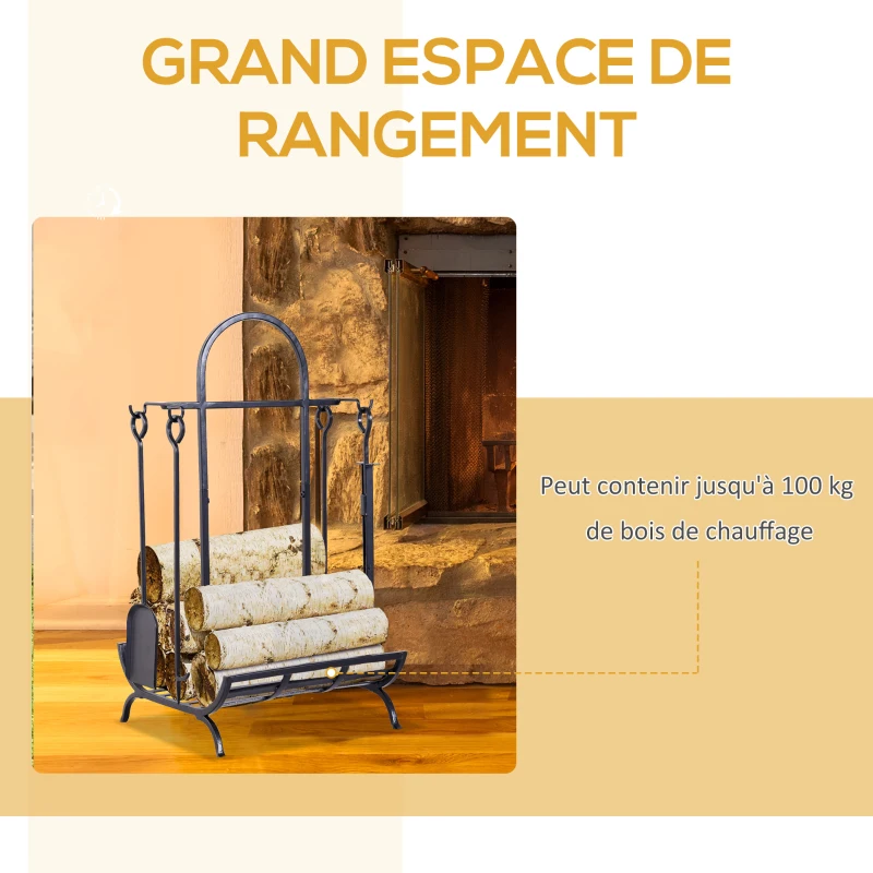 Outsunny Porte bûches - Range bûches Serviteur de cheminée - Multi Accessoires dim. 45L x 40l x 78H cm métal Noir