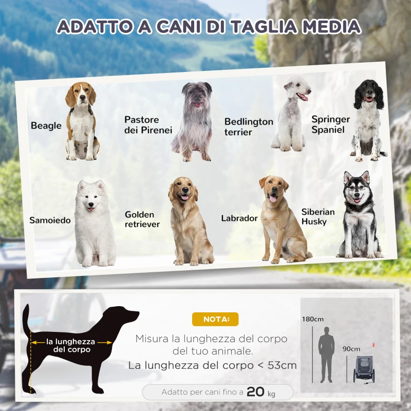 PawHut Rimorchio Bici per Cani Taglia Media con Finestre Laterali e Bandierina, 130x73x90 cm, Grigio e Nero