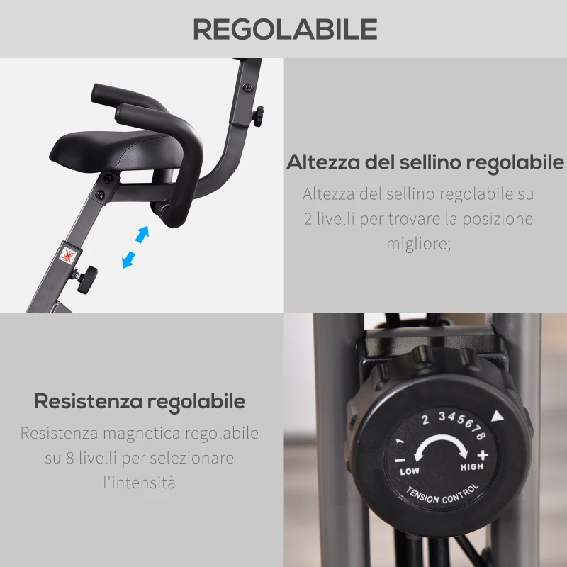 HOMCOM Cyclette Pieghevole Magnetica con 8 Livelli di Resistenza, Monitor LCD e Altezza Regolabile, 100x54x109cm, Grigio e Nero