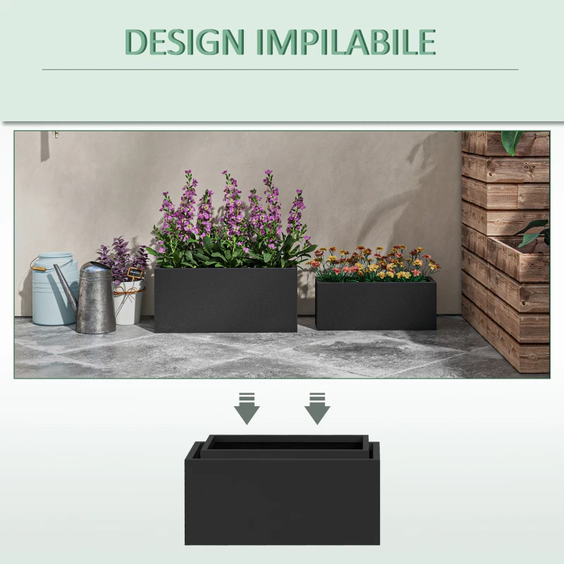 Outsunny Set da 2 Vasi da Giardino Rettangolari Impilabili per Esterno e Interno, Nero