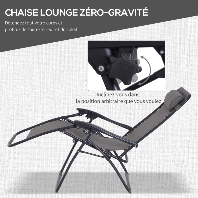 Outsunny Lot de 2 chaises Longues Pliables zéro de gravité Dossier inclinable Table d'appoint Acier Gris