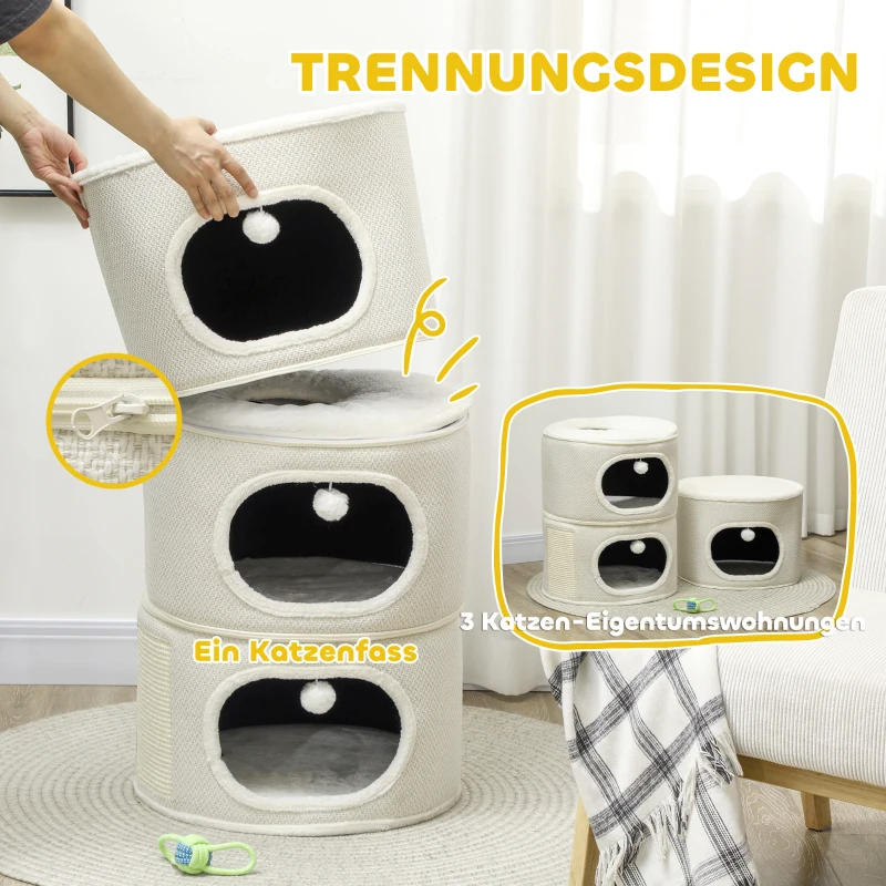 PawHut Katzenfass, 4 Ebenen, mit Kissen, Kratzmatte, Spielbällen, Katzenhaus für Innenbereich, Beige