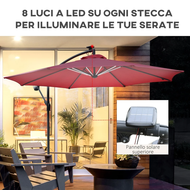 Outsunny Ombrellone da Giardino a Braccio Ø3x2.4  m con Manovella e 8 Strisce LED a Energia Solare, Rosso scuro