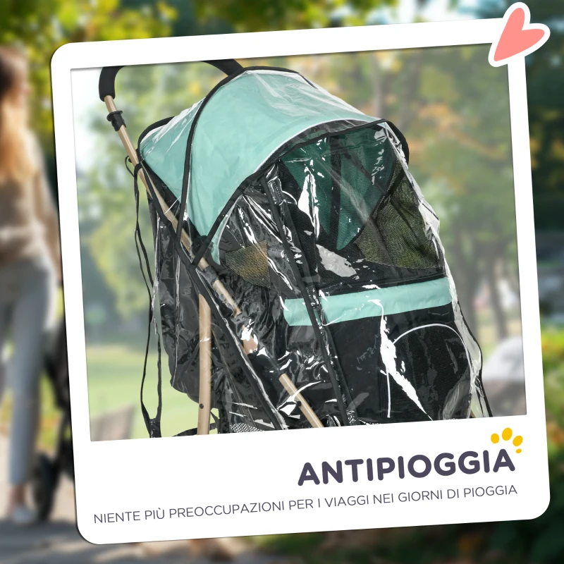 PawHut Passeggino per Cani Piccoli Pieghevole con Copertura Antipioggia, Cestino e Guinzaglio Integrato, Verde