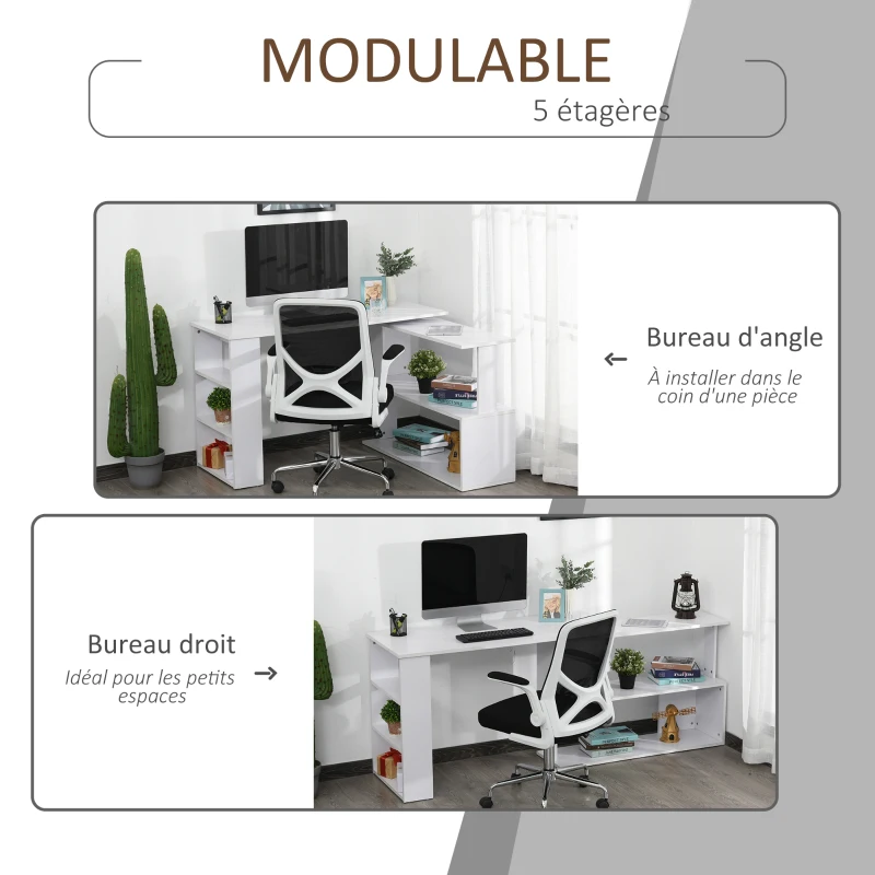 HOMCOM Bureau d'angle table de salle à manger avec rangement bureau informatique modulable bibliothèque intégrée + étagère 3 niveaux blanc