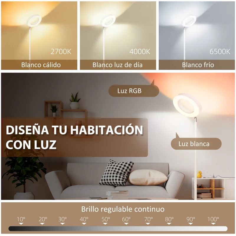 HOMCOM Lámpara de Pie Inteligente WiFi Lámpara Moderna con LED Regulable RGB 42W para Salón Dormitorio Ø25x168cm Blanco