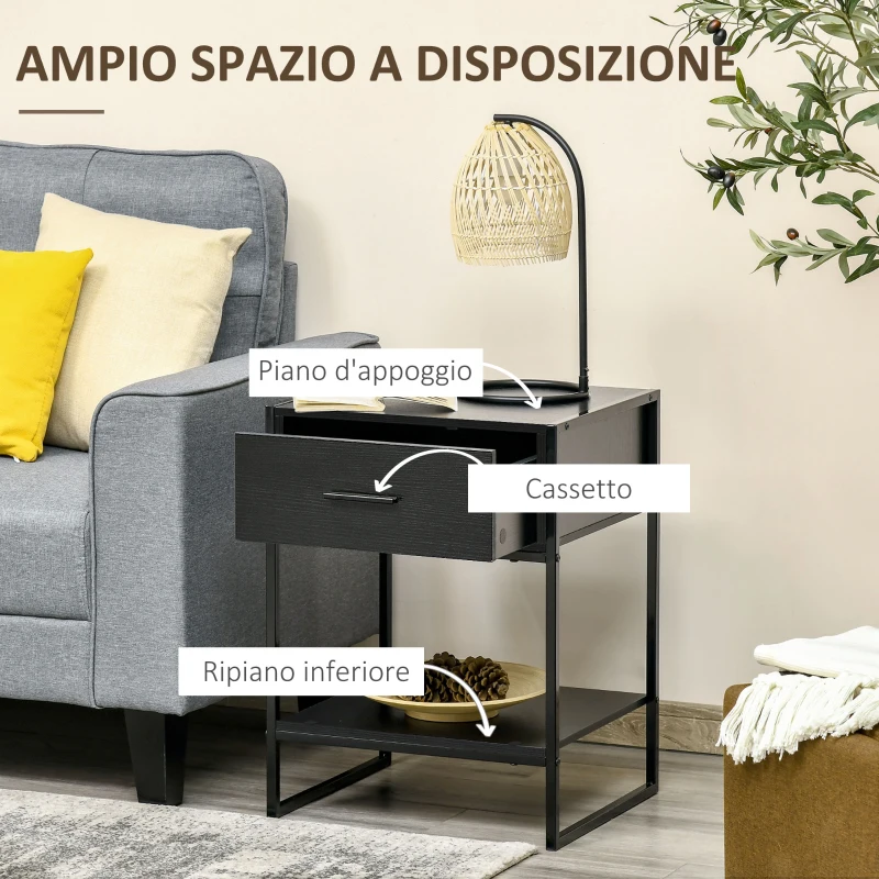 HOMCOM Set 2 Comodini Moderni, 2 Comodini da Camera da Letto e Soggiorno, con Cassetto e Ripiano Aperto, Design Moderno, in MDF e Acciaio, 45x40x60cm, Nero