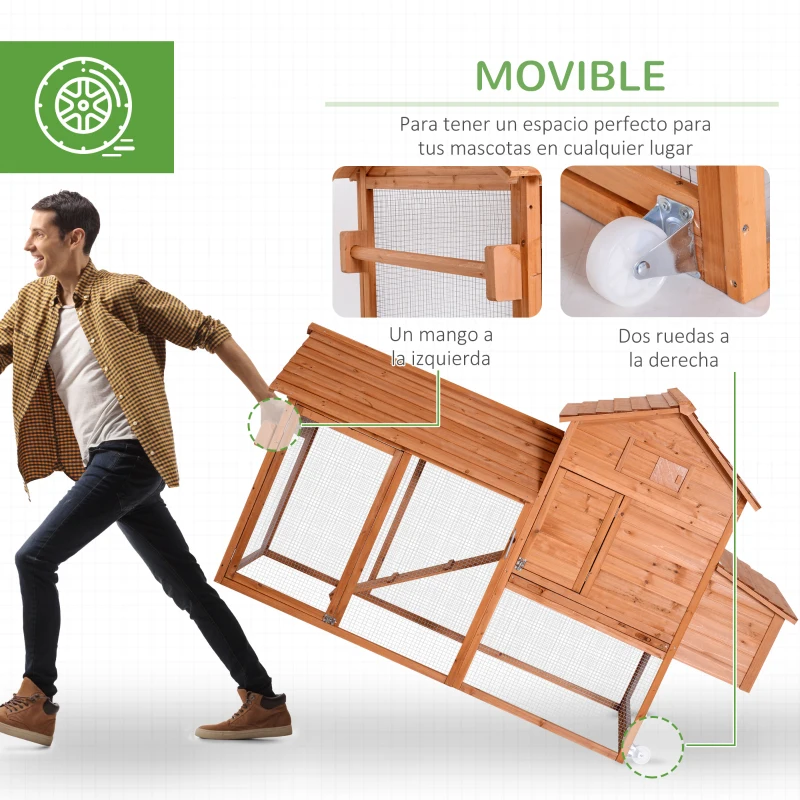 PawHut Gallinero Exterior con Ruedas 210x90x130 cm Jaula para Gallinas de Madera con Corral de Metal Techo Abatible Natural