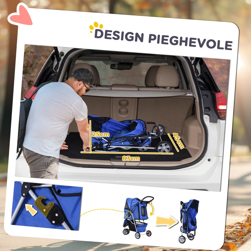 PawHut Passeggino per Cani Piccoli Pieghevole, Carrozzina per Cani con Ruote con Freni, Portabicchieri, Cestino Portaoggetti e Imbottitura Rimovibile e Lavabile, per Animali Domestici 10 kg, Blu