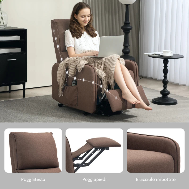 HOMCOM Poltrona Alzapersona Elettrica Reclinabile con Telecomando e Tasca in Tessuto, Marrone Scuro