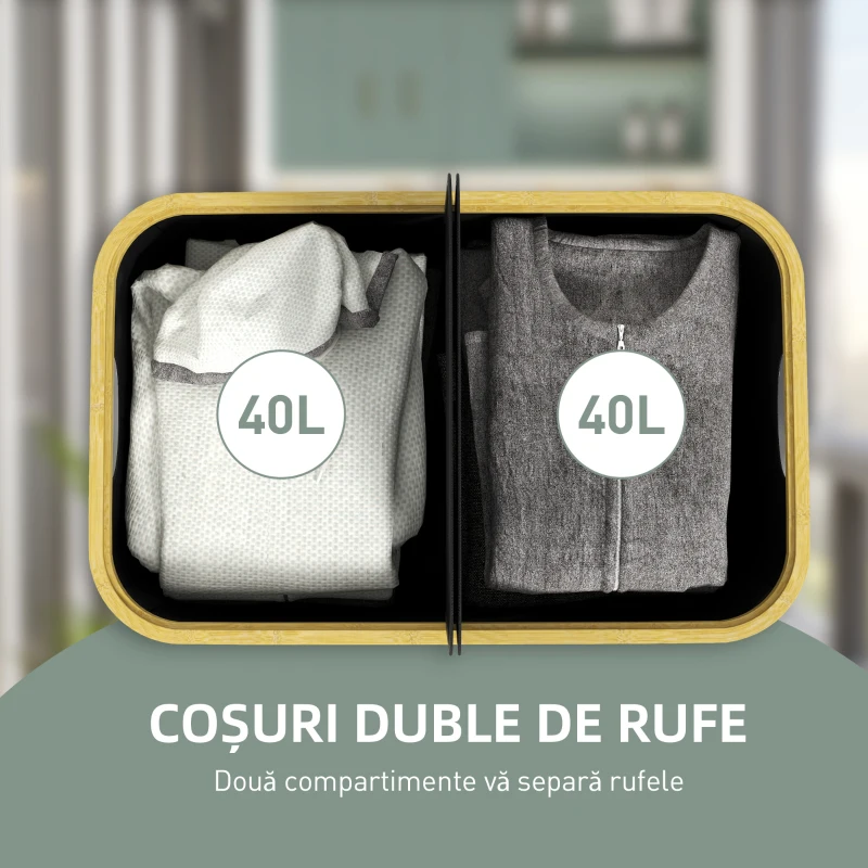 HOMCOM Coș pentru Rufe de 80L cu 2 Secțiuni și Capac din Material Textil și Bambus, 54x34x58,5 cm, Negru