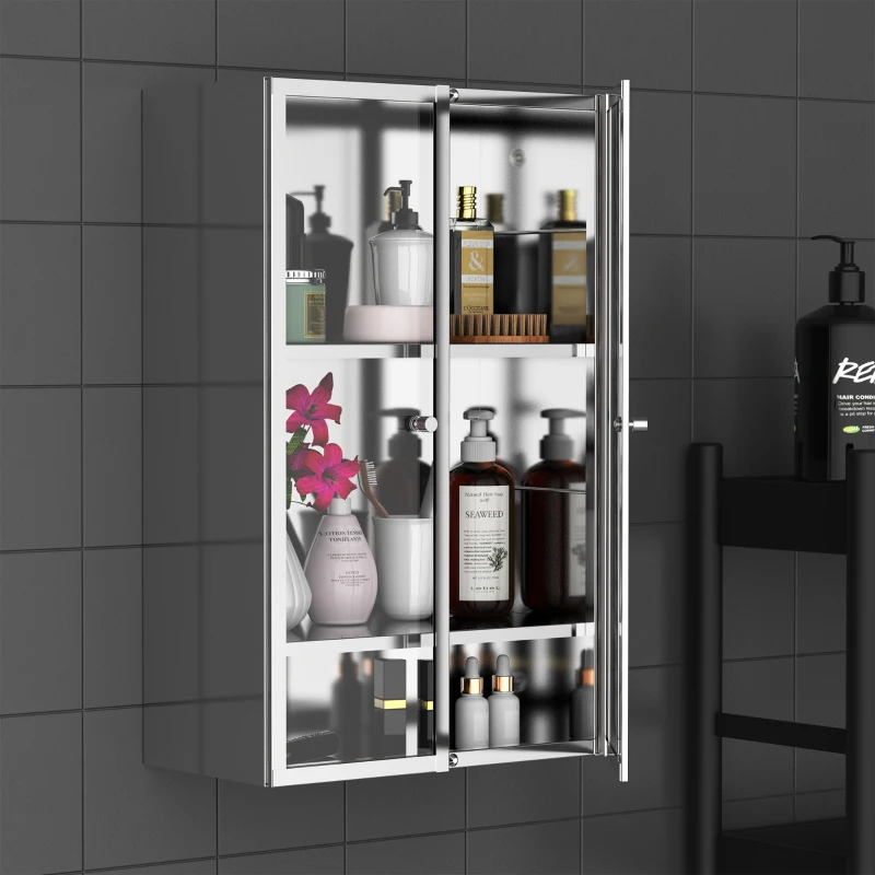 HOMCOM Armoire miroir rangement salle de bain meuble mural  acier inox. Argent dim. 38L x 20l x H60 cm
