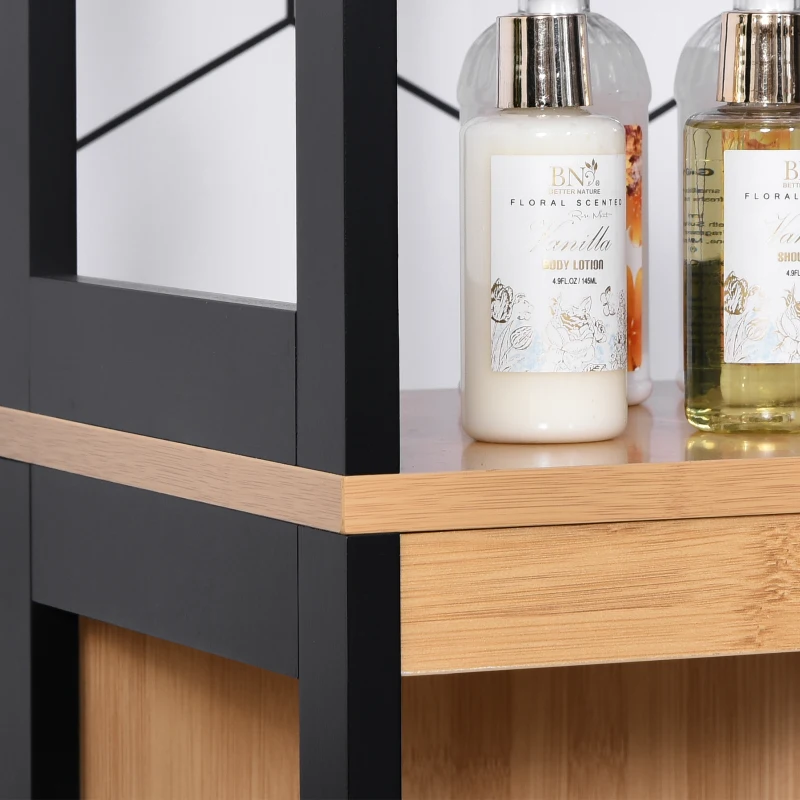 kleankin Armario Alto para Baño con 3 Estantes y 2 Cajones Estilo Moderno 30x30x144,3 cm Negro y Natural