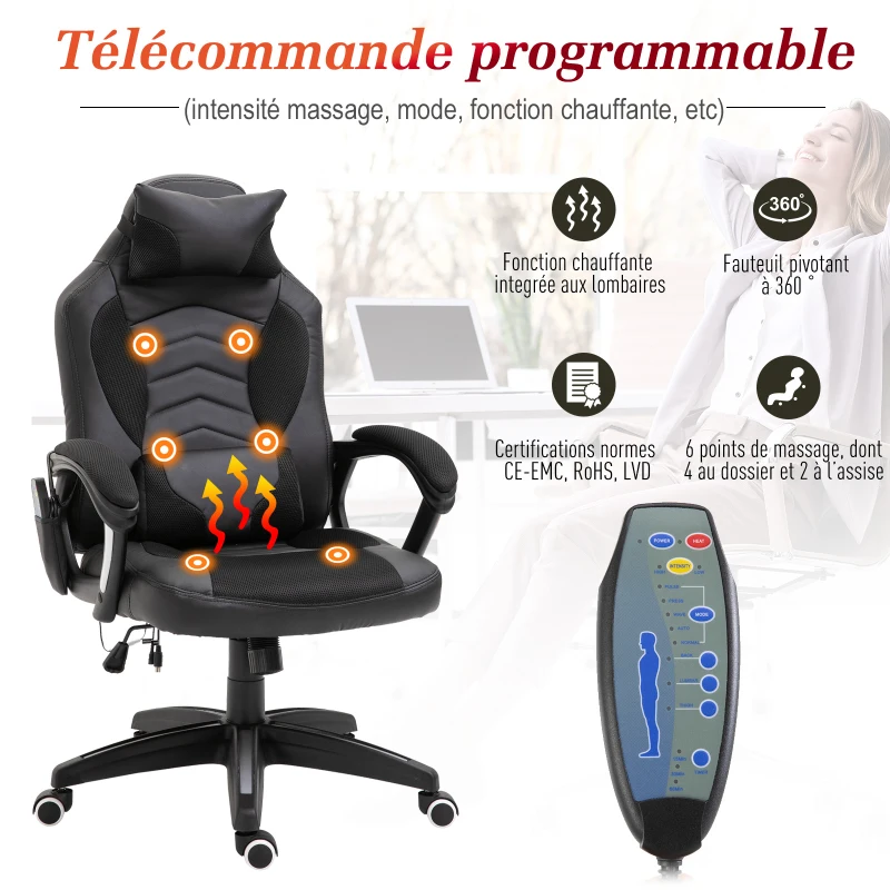 HOMCOM Luxe fauteuil/chaise de bureau gamer fonction massage + chauffage intégrée dossier inclinable noir