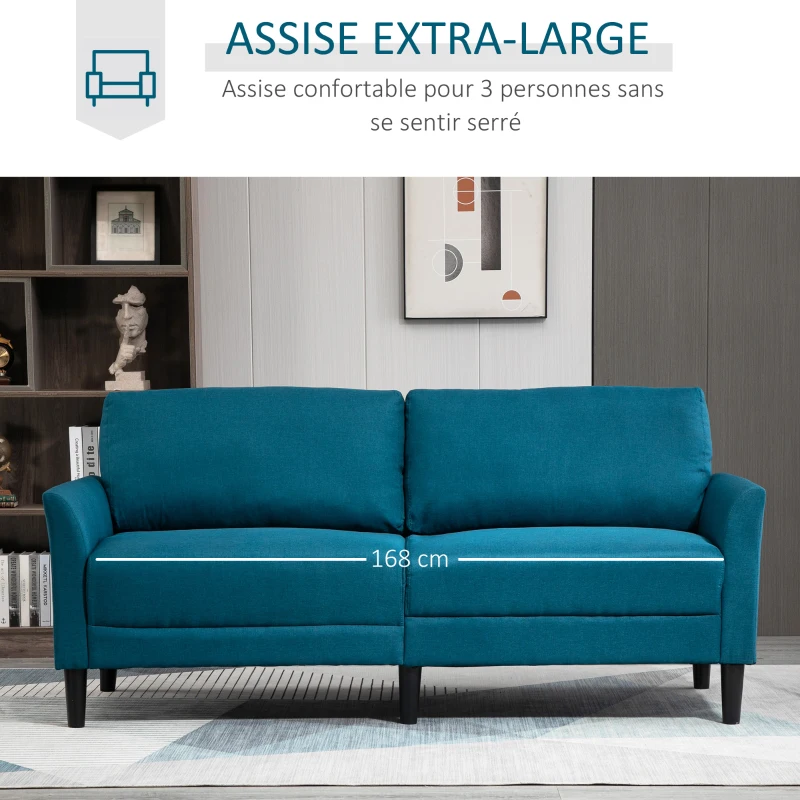 HOMCOM Canapé 3 Places Style Contemporain assises Larges Profondes accoudoirs courbés piètement effilé Bois hévéa Noir Polyester Bleu Canard