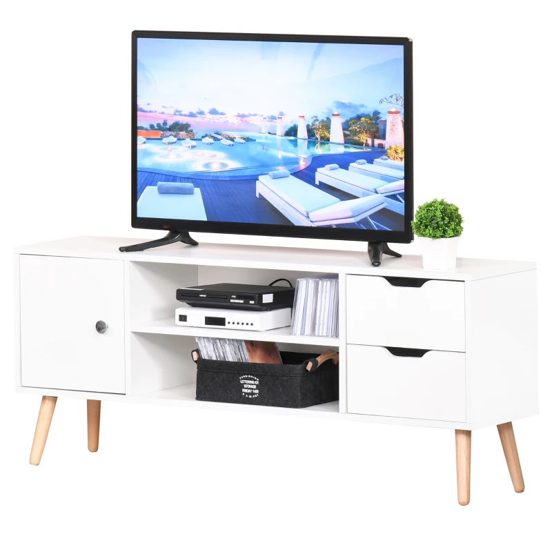 HOMCOM Meuble TV Banc TV Style scandinave Placard 2 niches 2 tiroirs Passe-Fils Panneaux Particules Blanc Bois pin