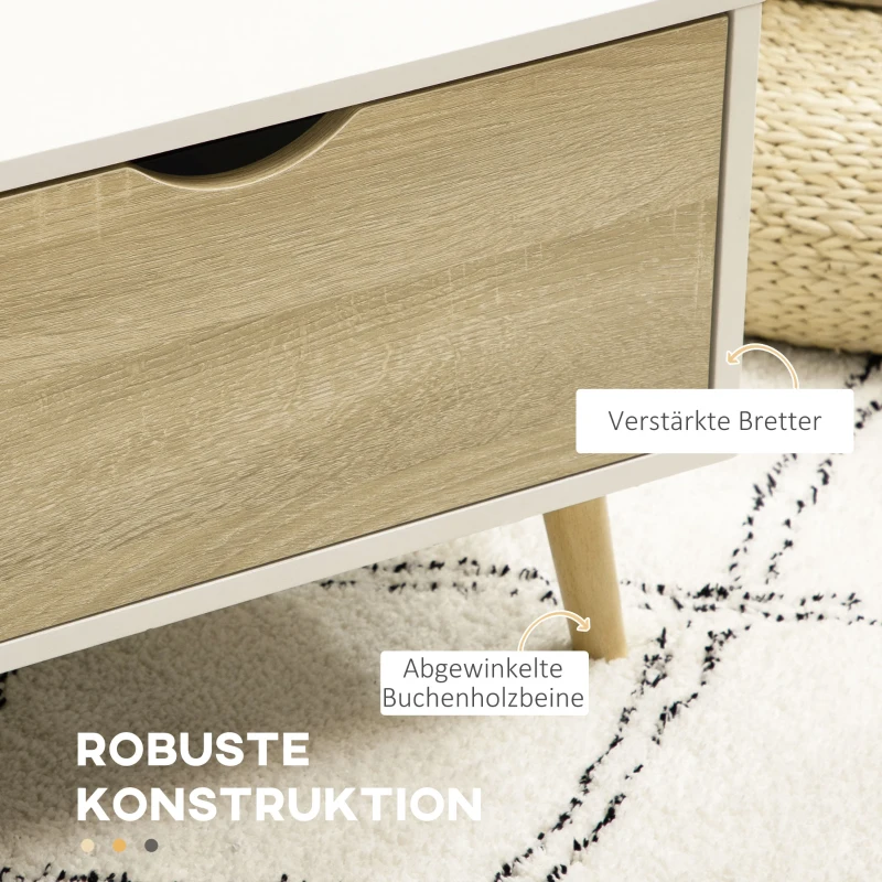 HOMCOM Couchtisch im Skandi-Design, 2 Regale, 2 Schubladen, 106 cm x 58 cm x 39,5 cm, Weiß + Natur