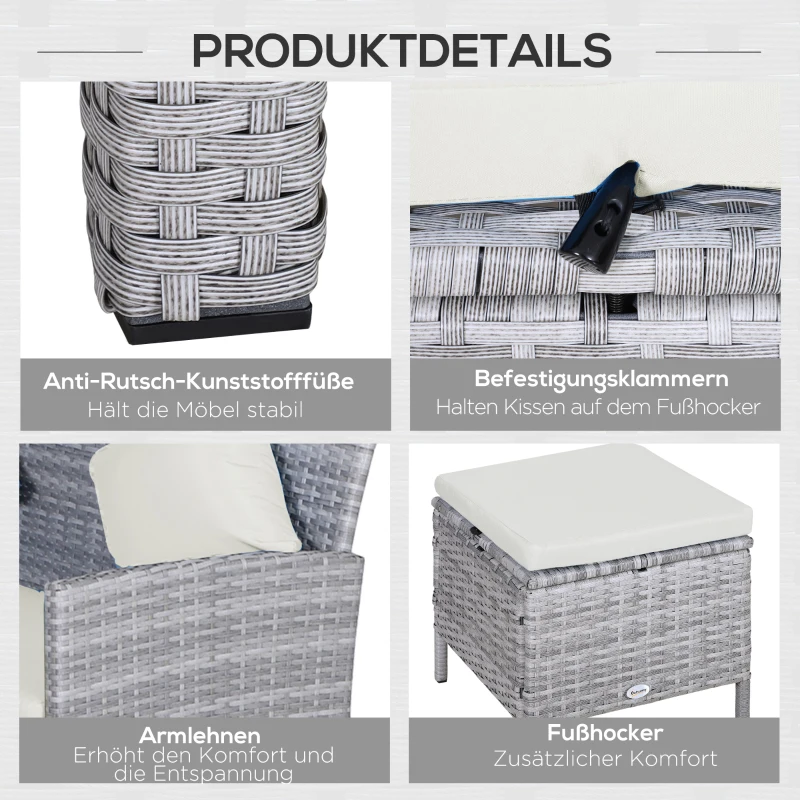 Outsunny 5-tlg. Gartenmöbel Set, Rattan Sitzgruppe mit Fußhocker, Metall, Grau, 142 x 60 x 75 cm