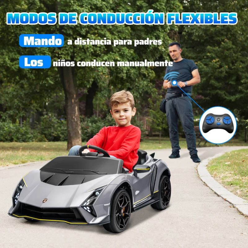 AIYAPLAY Coche Eléctrico para Niños Lamborghini Autentica con Batería 12V Mando a Distancia Faros Bocina Arranque Suave y Música MP3 Gris