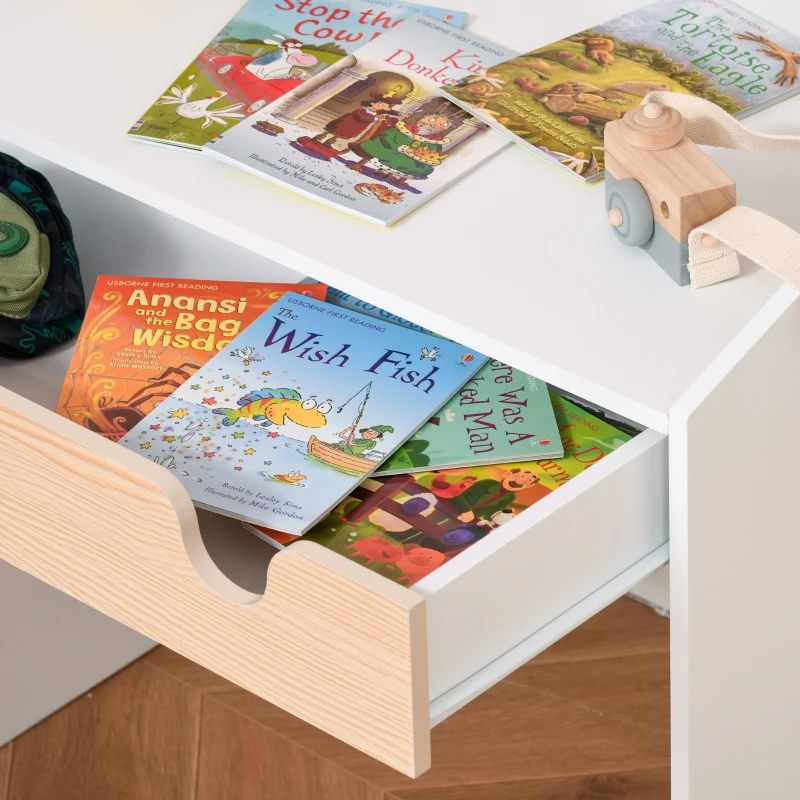 HOMCOM Escritorio para Niños con Silla de 3 a 6 Años con Cajón y Estante para Libros 70x50x75 cm Blanco y Natural