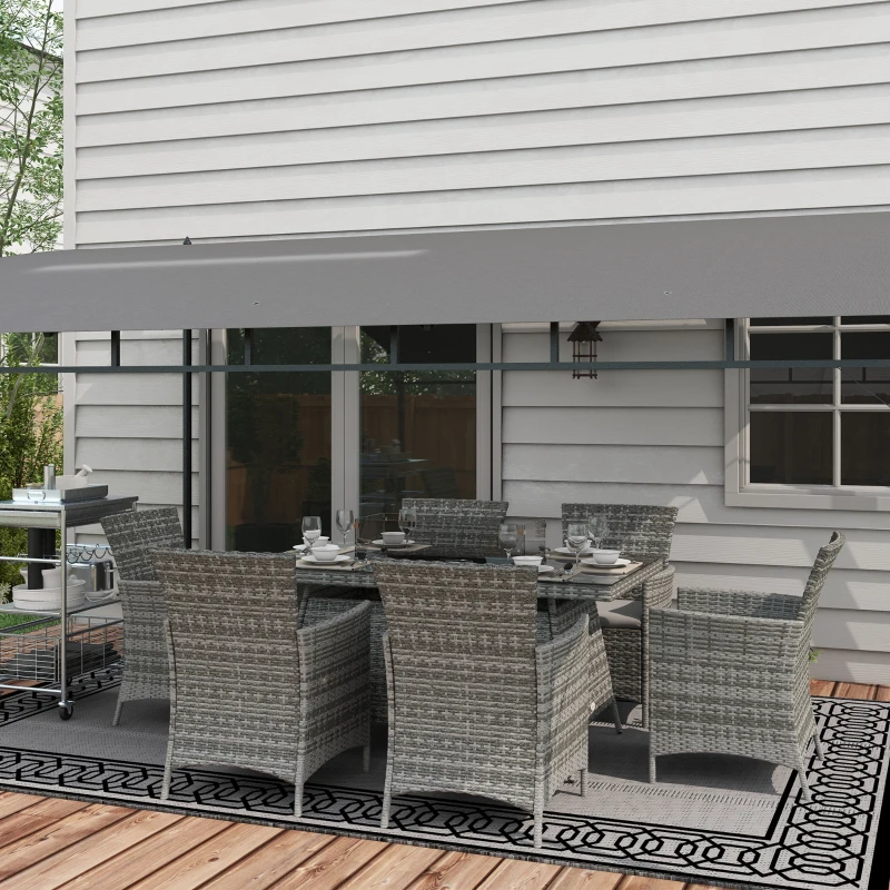 Outsunny 7 Pieces Outdoor Rattan Garden Furniture with Fire Pit Table, 6 Seater Garden Table and Chairs with Cushions, Rattan Dining Set with Propane Heater Table, Windscreen, 50,000 BTU, Grey