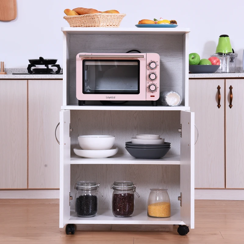 HOMCOM Rolling Kitchen Trolley Microwave Cart 2-Door Cabinet Storage Shelves w/ Wheels White