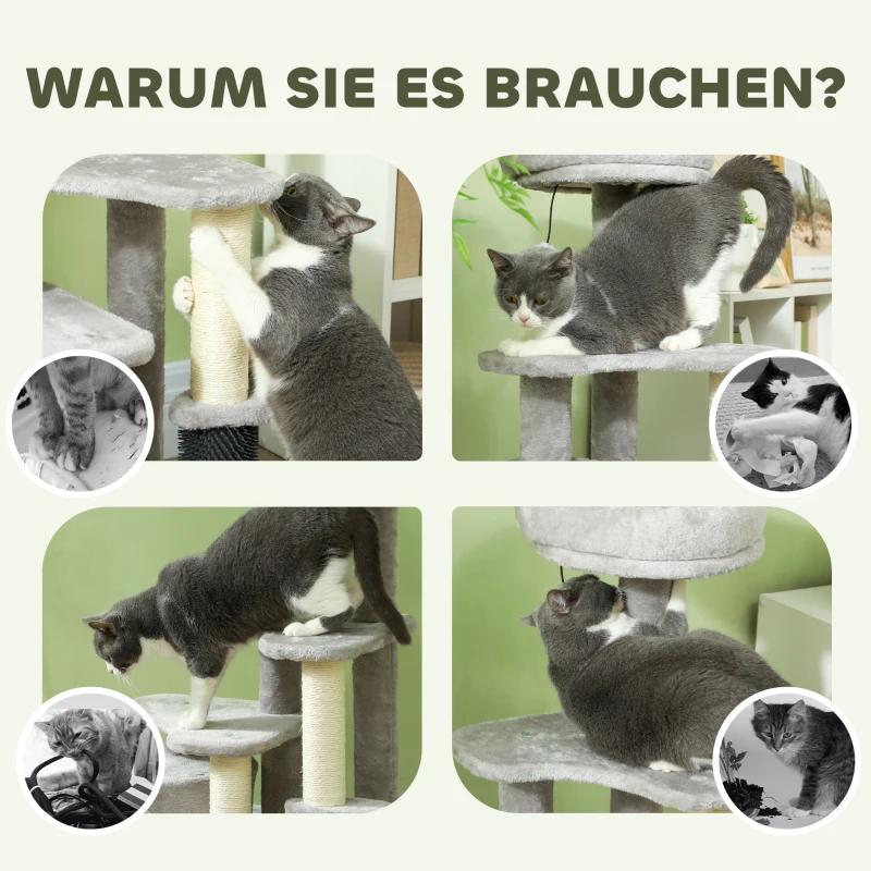 PawHut Katzen-Spielzentrum mit Kratzbaum, Bett, Spielbällen, Plüsch, 60 x 39 x 87 cm, Hellgrau/Creme