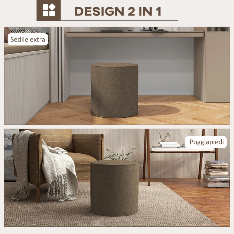 HOMCOM Poggiapiedi 2 in 1 con Rivestimento Rimovibile in Tessuto Effetto Lino, Ø41x41 cm, Marrone