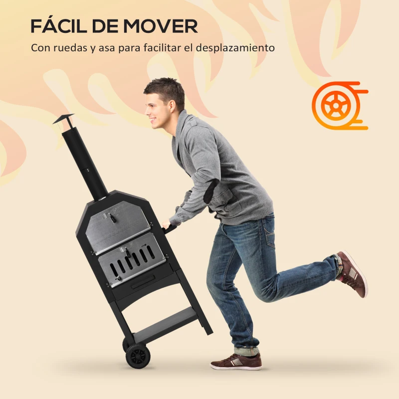 Outsunny Horno de Pizza de Leña con 2 Capas Horno Exterior con Ruedas Cajón Estante de Almacenamiento 64x54x160 cm Negro