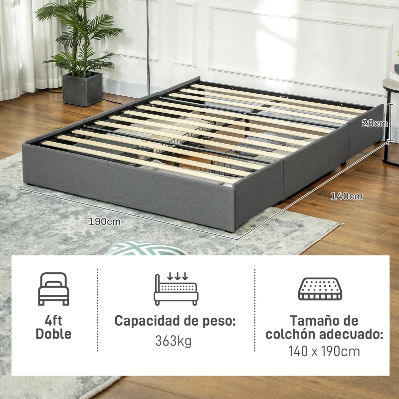 HOMCOM Cama Doble 140x190 cm Somier con 3 Cajones y Estructura de Metal Carga 363 kg Gris