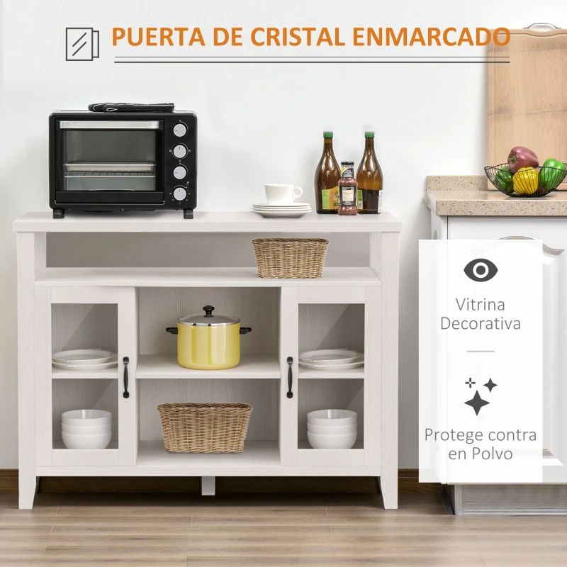 HOMCOM Aparador de Cocina Mueble Auxiliar de Comedor con 2 Armarios con Puerta de Vidrio Estante Ajustable Compartimentos Abiertos 116x39,5x86,5 cm Blanco