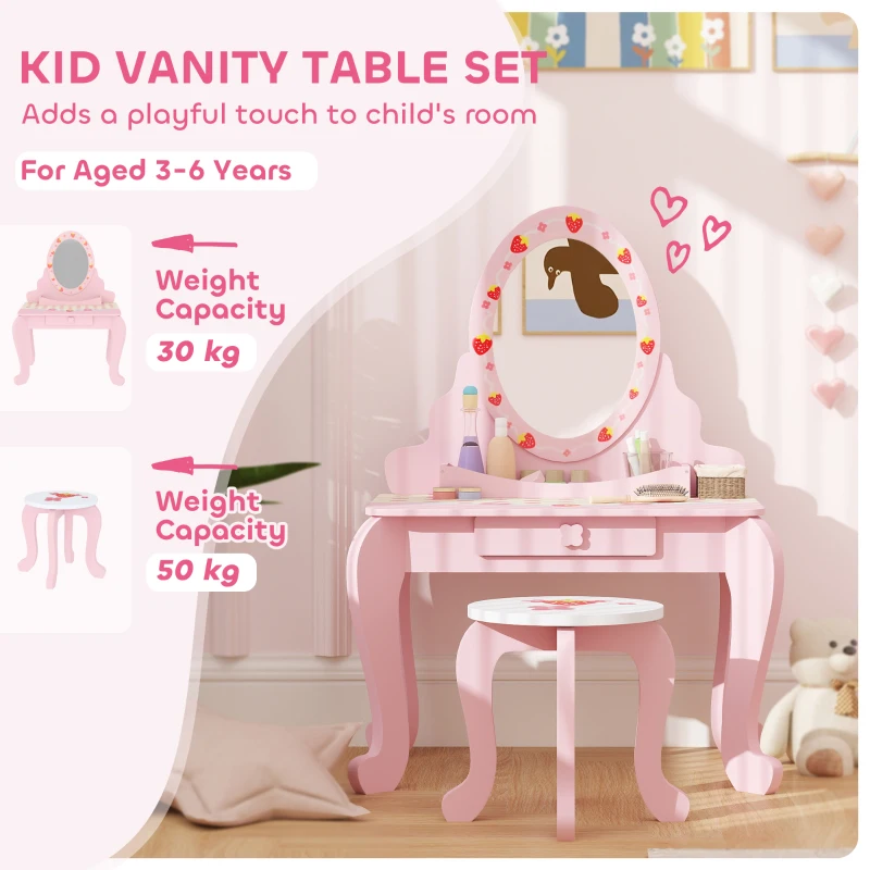 AIYAPLAY Kids Dressing Table Set, Vanity Table with Stool, Mirror, Drawer, Desktop, Storage, Strawberry-Theme, Pink