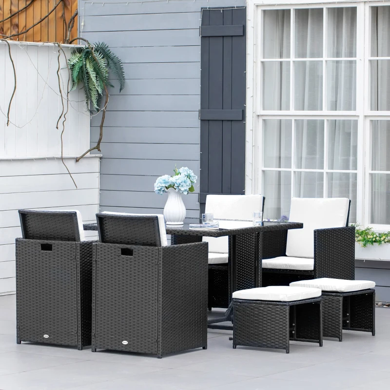 Outsunny Conjunto de Muebles de Jardín Comedor 9 Piezas de Ratán Apilables con Cojines para Terraza 1 Mesa 4 Sillas y 4 Taburetes de Exterior Elegante Negro