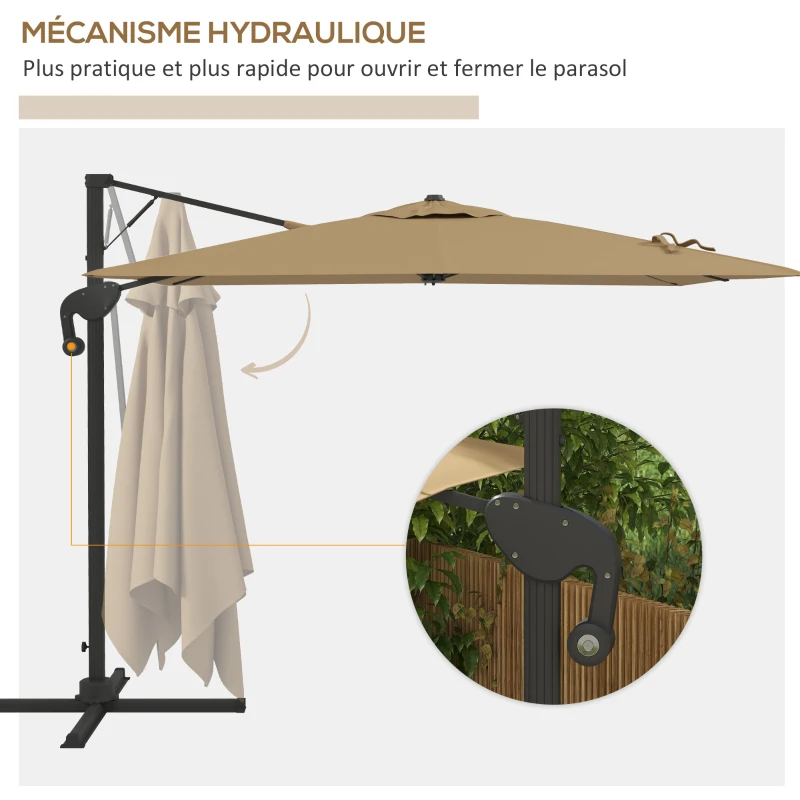 Outsunny Parasol déporté parasol de terrasse carré rotatif à 360° mécanisme hydraulique base croisée et mât en aluminium kaki