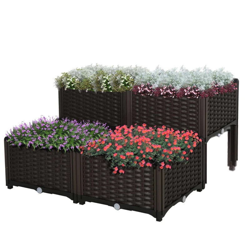 Outsunny Set 4 Pezzi Fioriere da Esterno Autoirriganti Rialzate Letto da Giardino Rialzato per Fiori Effetto Rattan in PP, Marrone