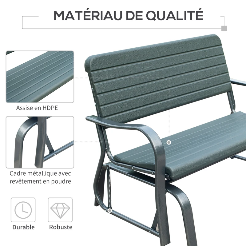 Outsunny Banc à Bascule de Jardin 2 Places - accoudoirs, Assise, Dossier Ergonomique - métal époxy HDPE Effet Grain Bois Vert fougère