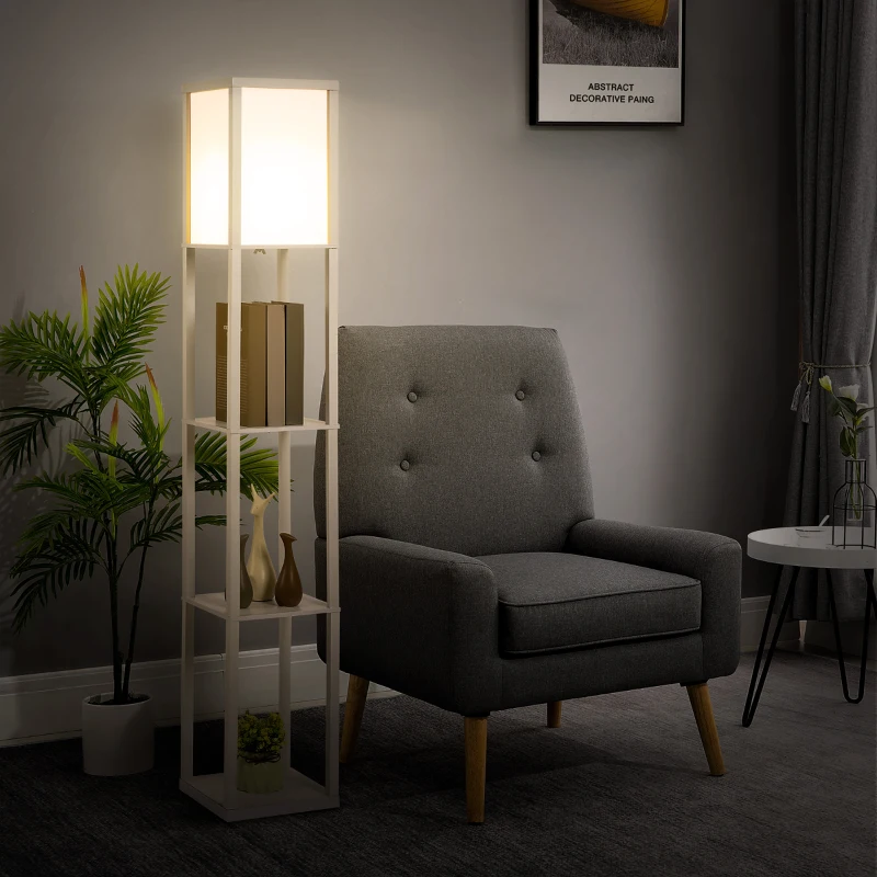 HOMCOM Lámpara de Pie con Estantes de Almacenaje, Lámpara de Madera Moderna, Bombilla E27, para Salón, Dormitorio, Oficina, Blanco