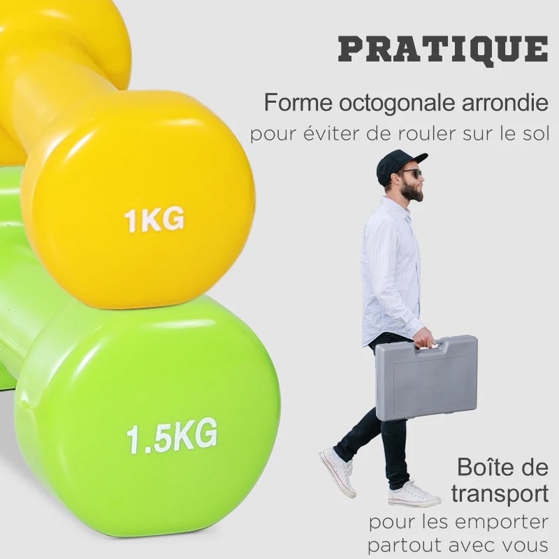 HOMCOM Ensemble d'haltères courtes total 10 Kg - paires de 0,5/1/1,5/2 Kg avec malette - entraînement musculaire & haltérophilie - métal PU multicolore