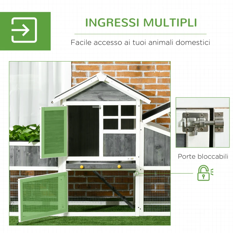 PawHut Pollaio Prefabbricato in Legno con Area Aperta, Casetta e Nido, 161.5x62.5x115cm, Grigio