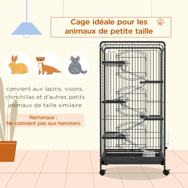 PawHut Cage pour Petits Animaux Roulante 5 Rampes 5 Plates-formes Plat et Bouteille d'Eau 250 ml Bac Inférieur Amovible