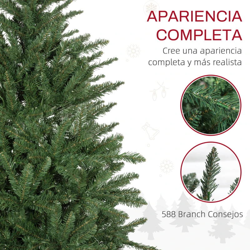 HOMCOM Árbol de Navidad Artificial 150 cm con 220 Luces LED 588 Ramas y Patas de Metal Árbol Navideño para Interior Verde