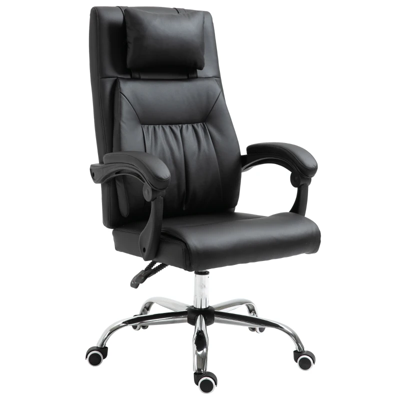 Vinsetto Sedia da Ufficio, Poltrona da Scrivania in Ecopelle, Spessa Imbottitura Reclinabile fino 135° con Cuscino Rimovibile e Massaggiante, Nera