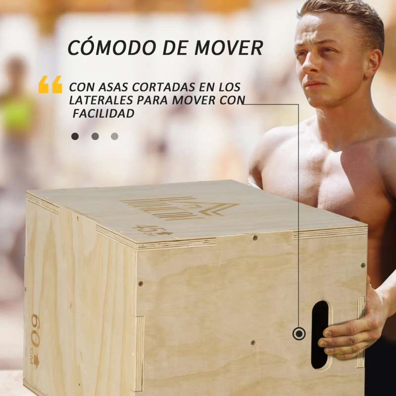 HOMCOM Cajón de Salto de Madera 3 en 1 con 2 Mango Hueco Carga 120 kg para Casa Oficina Gimnasia 45x40x60 cm Madera Natural