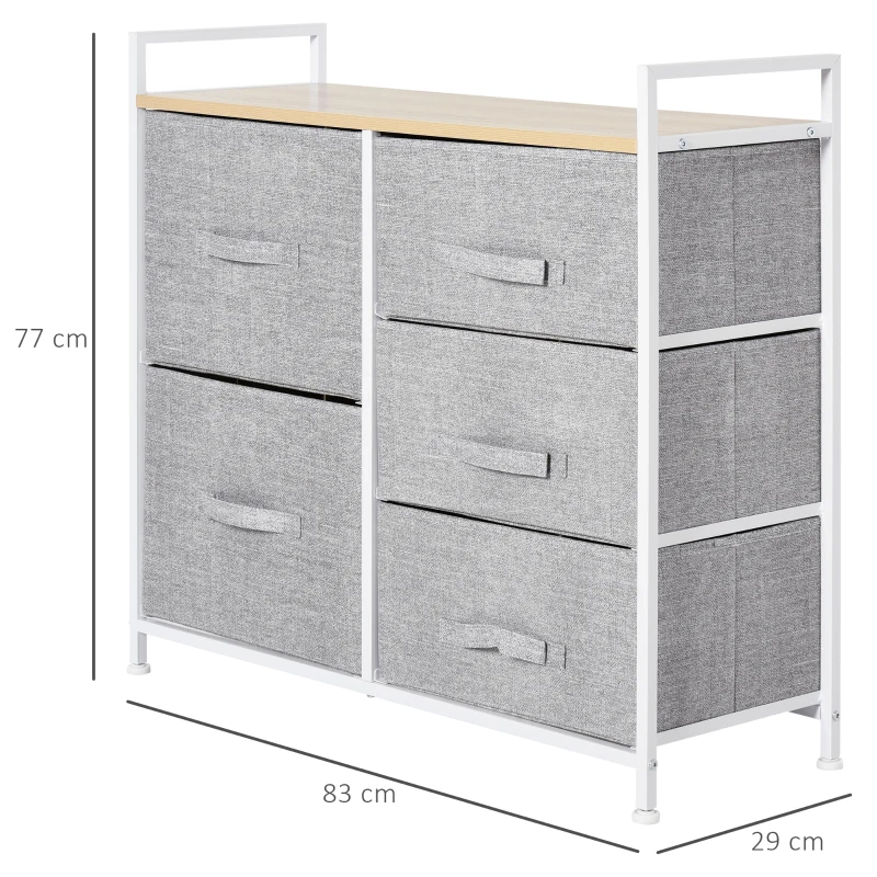 HOMCOM Commode à Tiroirs en Tissu Meuble de Rangement avec 5 Tiroirs Amovibles pour Chambre Salon Cuisine 83 x 29 x 77 cm Gris