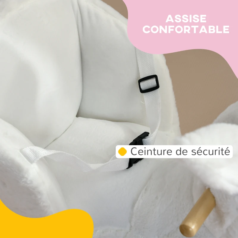 HOMCOM Jouet à bascule modèle lapin fonction musicale selle grand confort peluche courte douce bois peuplier 18-36 mois blanc