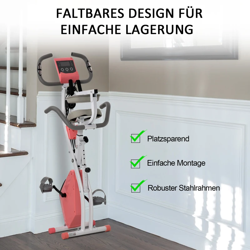 HOMCOM Heimtrainer X-Bike 2-in-1 Fahrradtrainer mit LCD-Display,Pulsmesser, klappbarer Hometrainer Trimmrad mit 8 stufig Magnetwiderstand, 1 Paar Spannseil, Stahl Rosa 105x48x118 cm