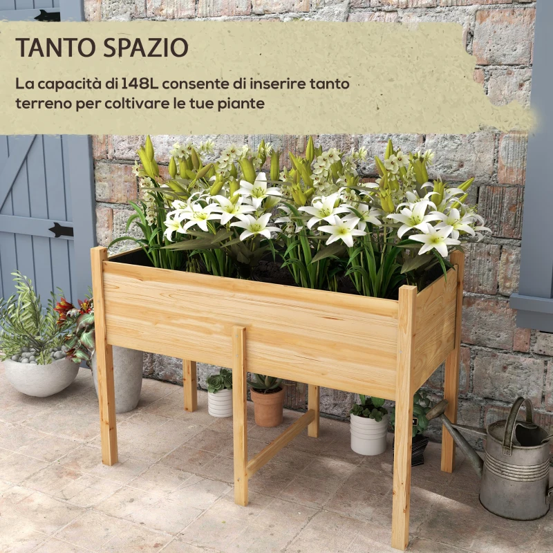 Outsunny Orto Rialzato con 2 Fori di Drenaggio e Sacca in Tessuto non Tessuto, in Legno di Abete, 115x55x80 cm
