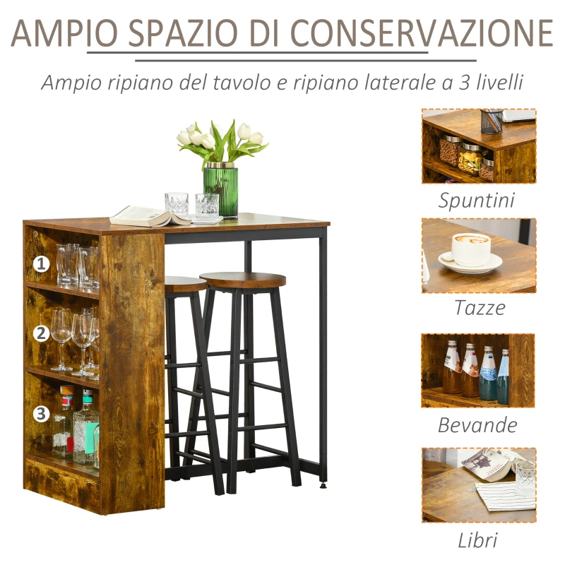 HOMCOM Set Bancone Bar con 2 Sgabelli Alti Stile Industriale con Mensole, Marrone Rustico