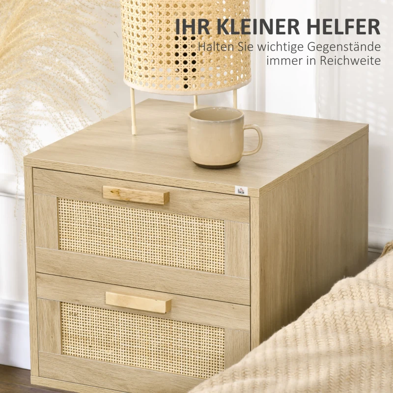 HOMCOM 2er-Set Nachttische im Boho-Design, 2 Nachttische, Rattangeflecht, 4 Schubladen, Natur