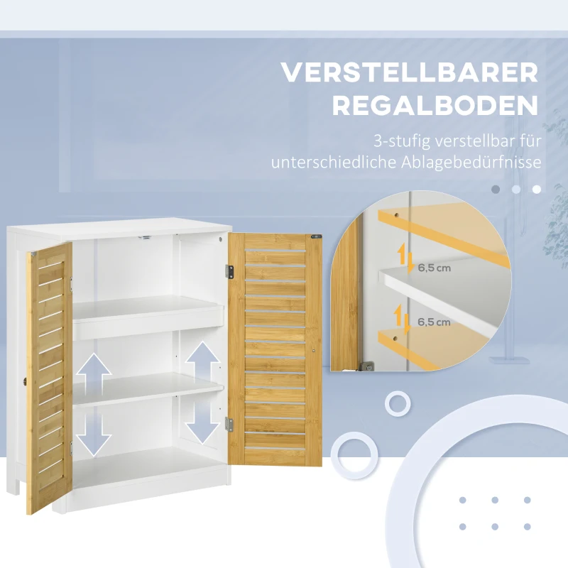 kleankin kleinkin Badezimmerschrank Badkommode, einstellbare Einlegeböden, Doppeltür aus Bambus, weiß+holzfarben, 60 x 30 x 80cm